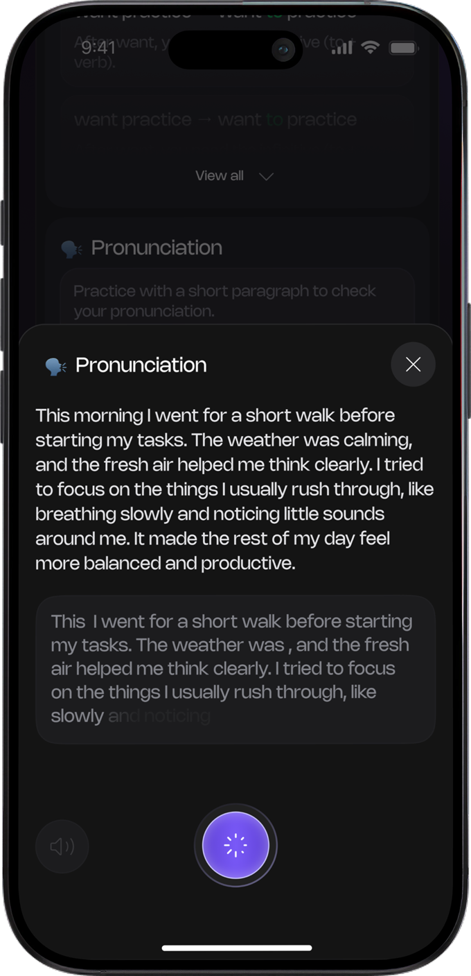 Senthora pronunciation practice — live word-by-word tracking as you read aloud